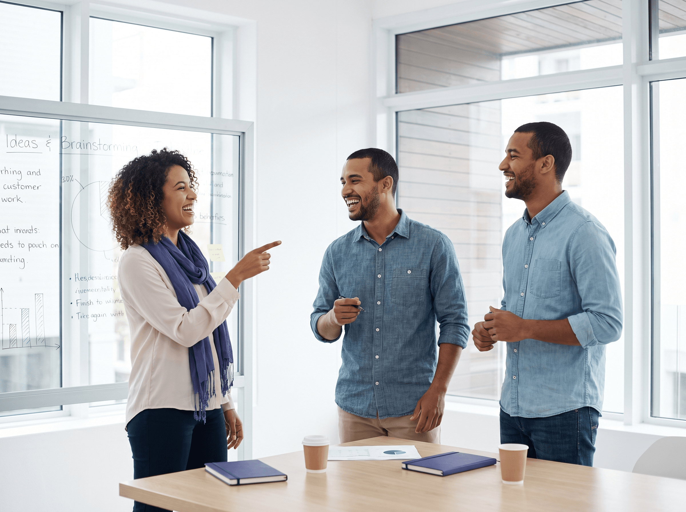Team collaborating in front of a whiteboard in a bright office