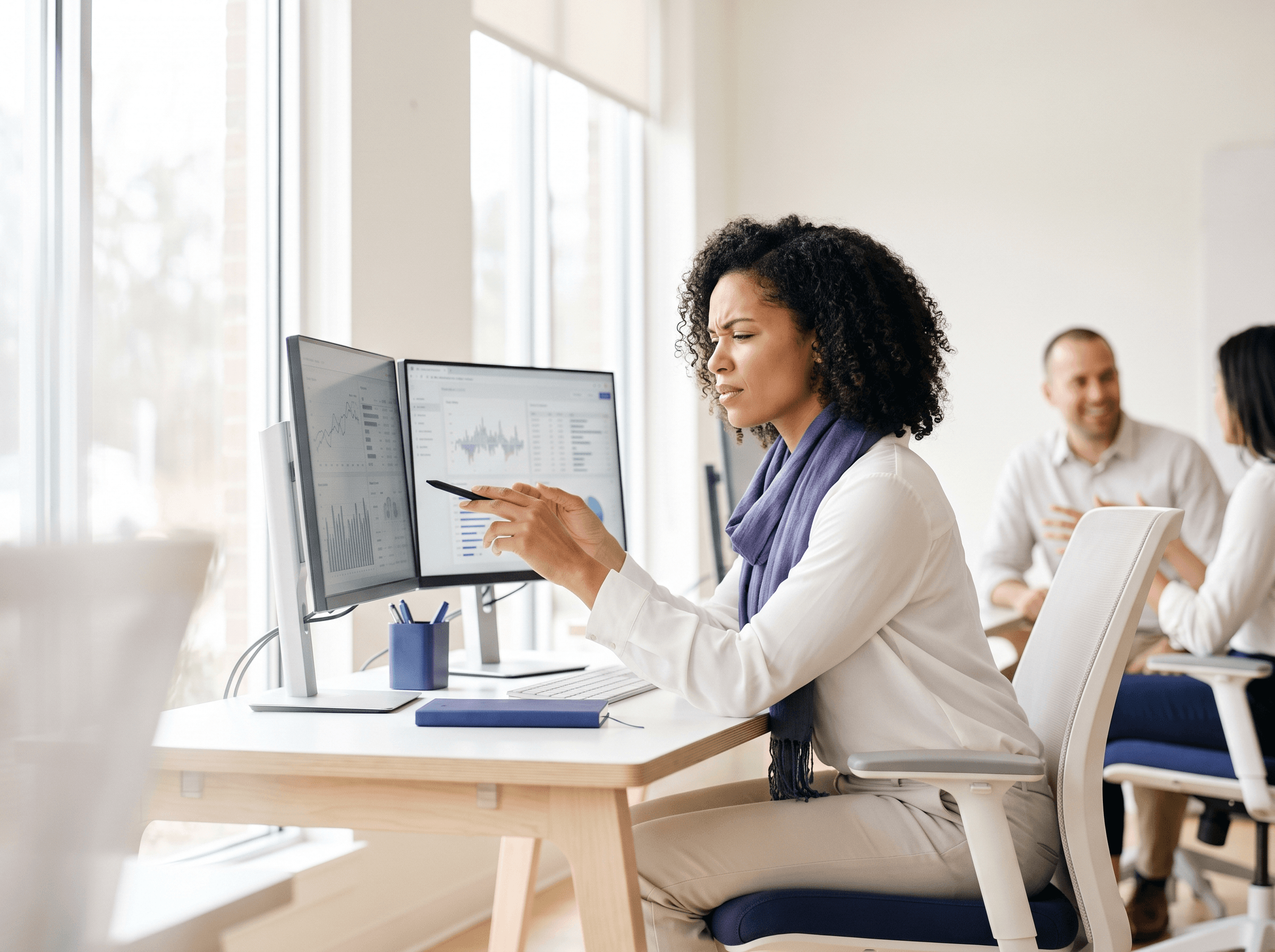 Engineer comparing AI model outputs across two screens