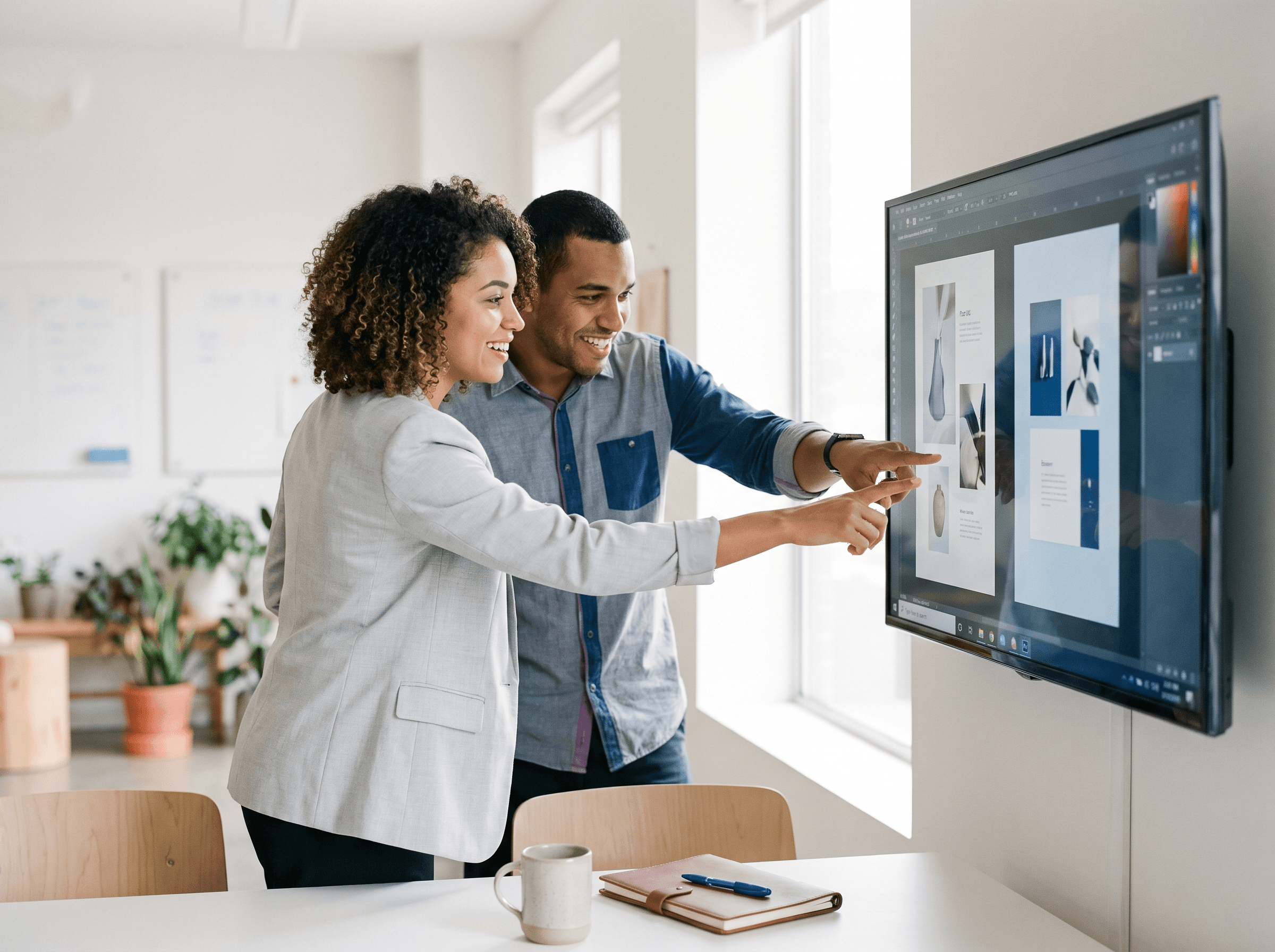 Pair of specialists comparing two creatives side by side on screen