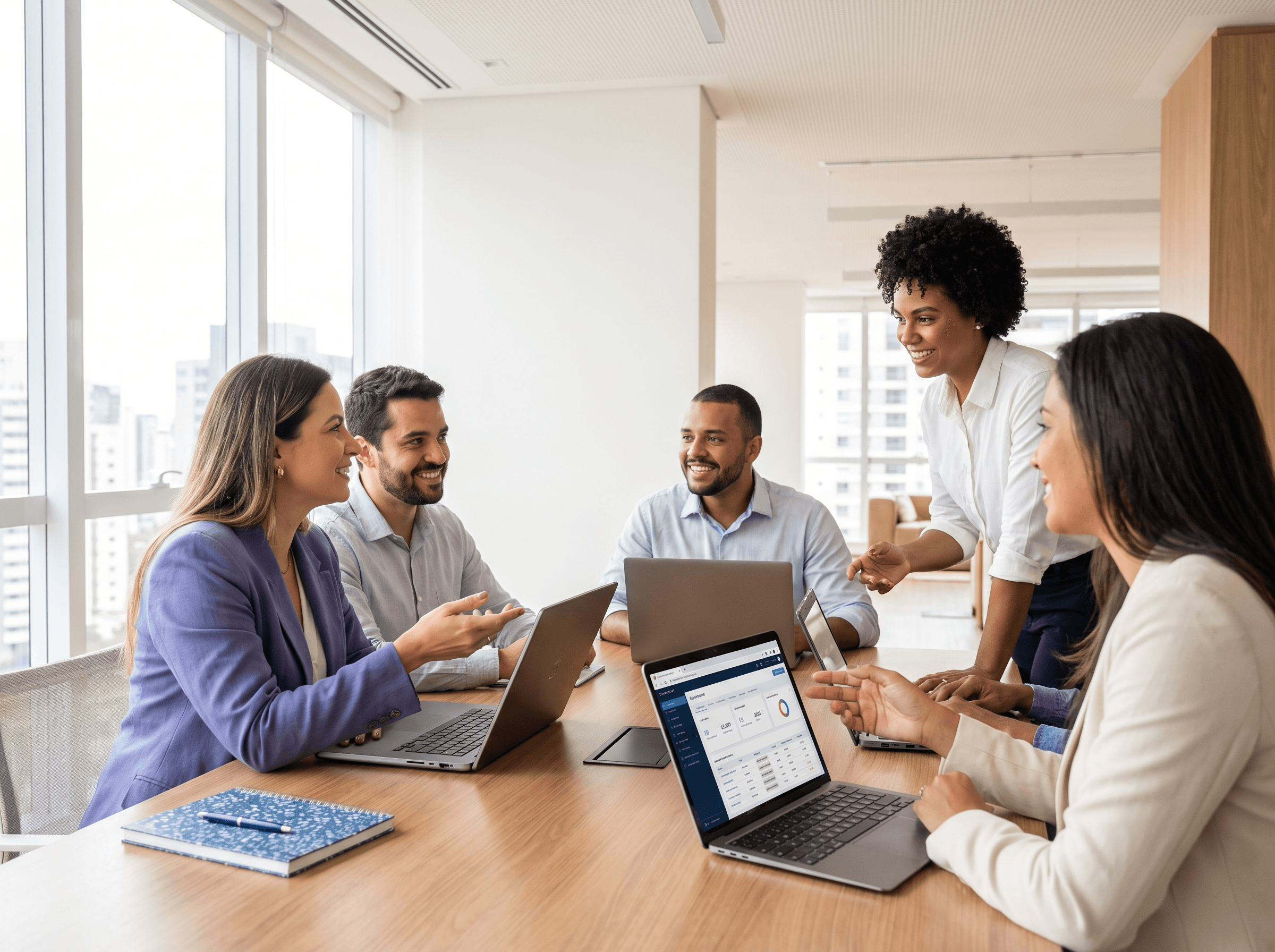Executives reviewing governance reports in a meeting room