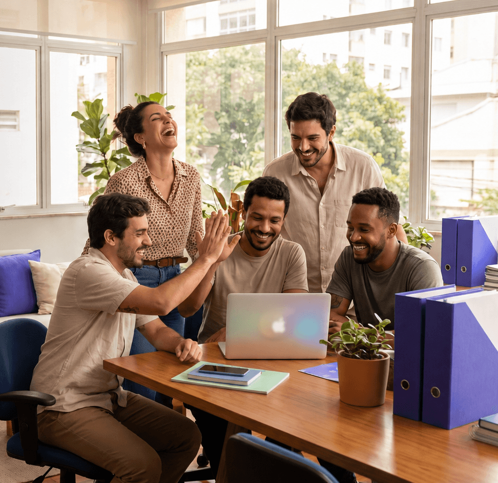 Time da Manycontent comemorando um bom resultado juntos em um escritório acolhedor, com sorrisos espontâneos ao redor do laptop