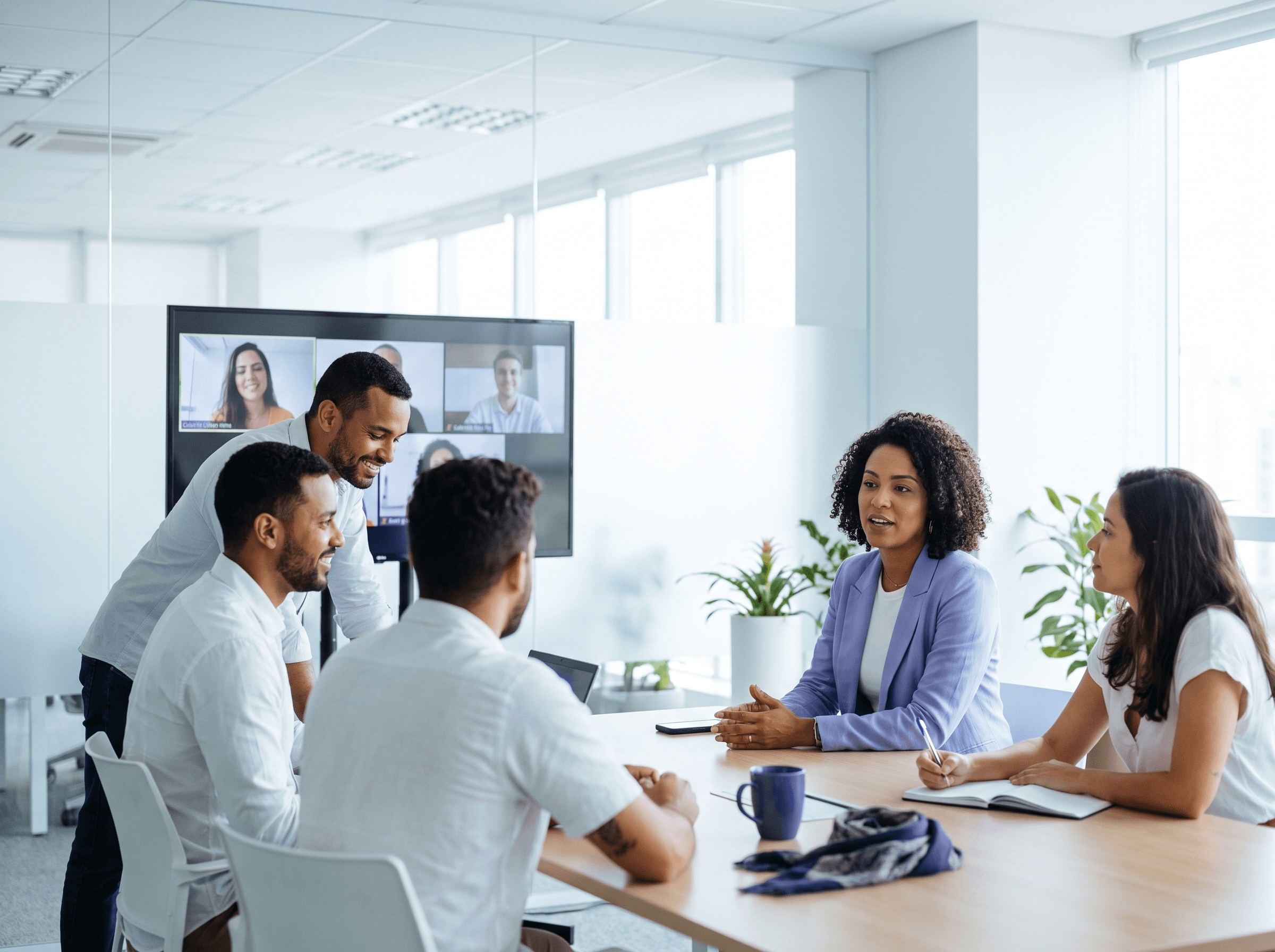 Marketing manager leading a hybrid meeting with the team and the operation