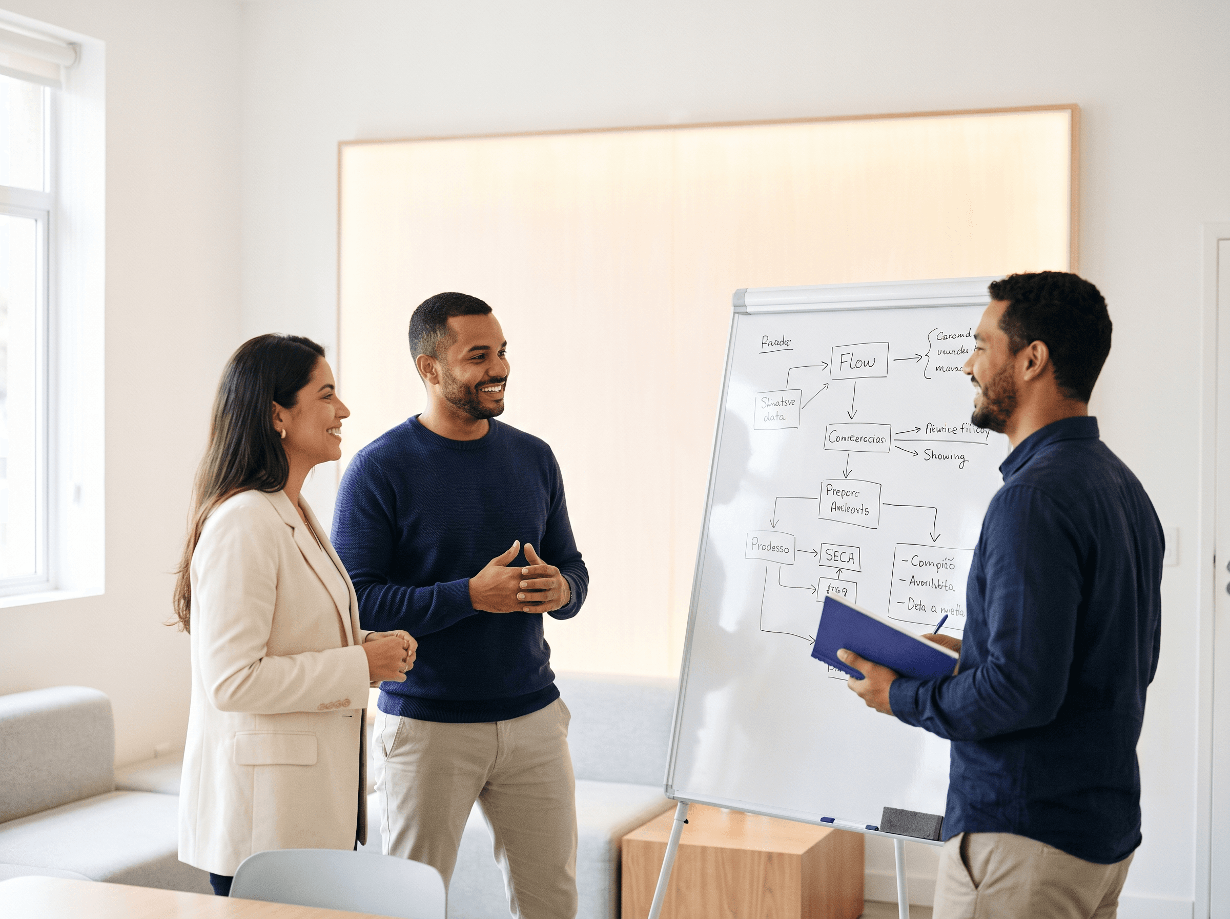 Operation team discussing the marketing workflow in front of a panel