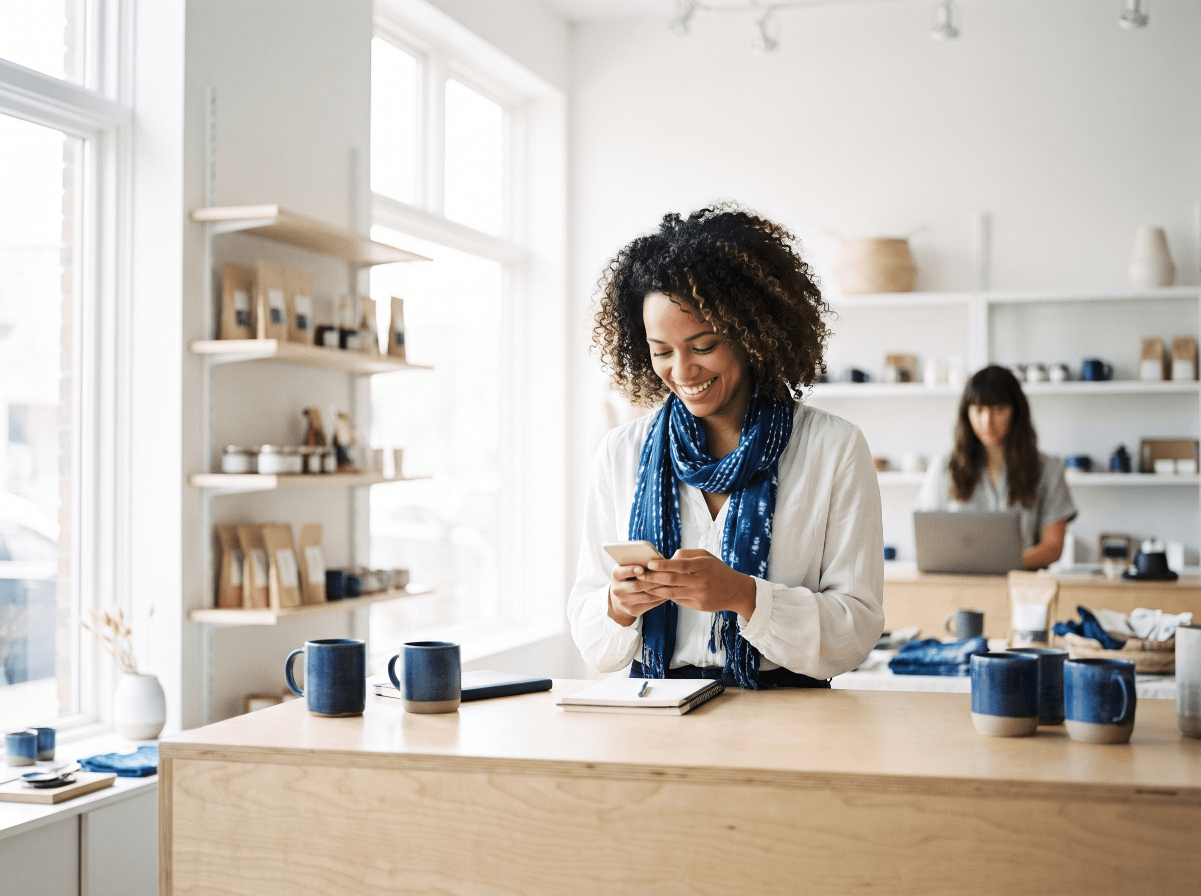 Small business owner approving the week's content from her phone at the counter
